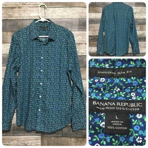 Banana Republic Non Iron Untucked Slim Fit Floral Shirt Men’s L Blue Green - Picture 1 of 8